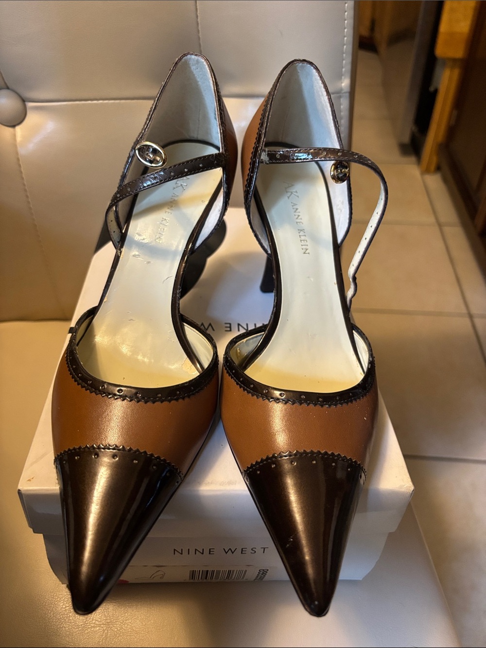 Anne Klein Brown and Dark Brown Two-Tone Pointed Mary Jane Heels